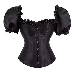 Black Satin Corset Top with Puff Sleeves